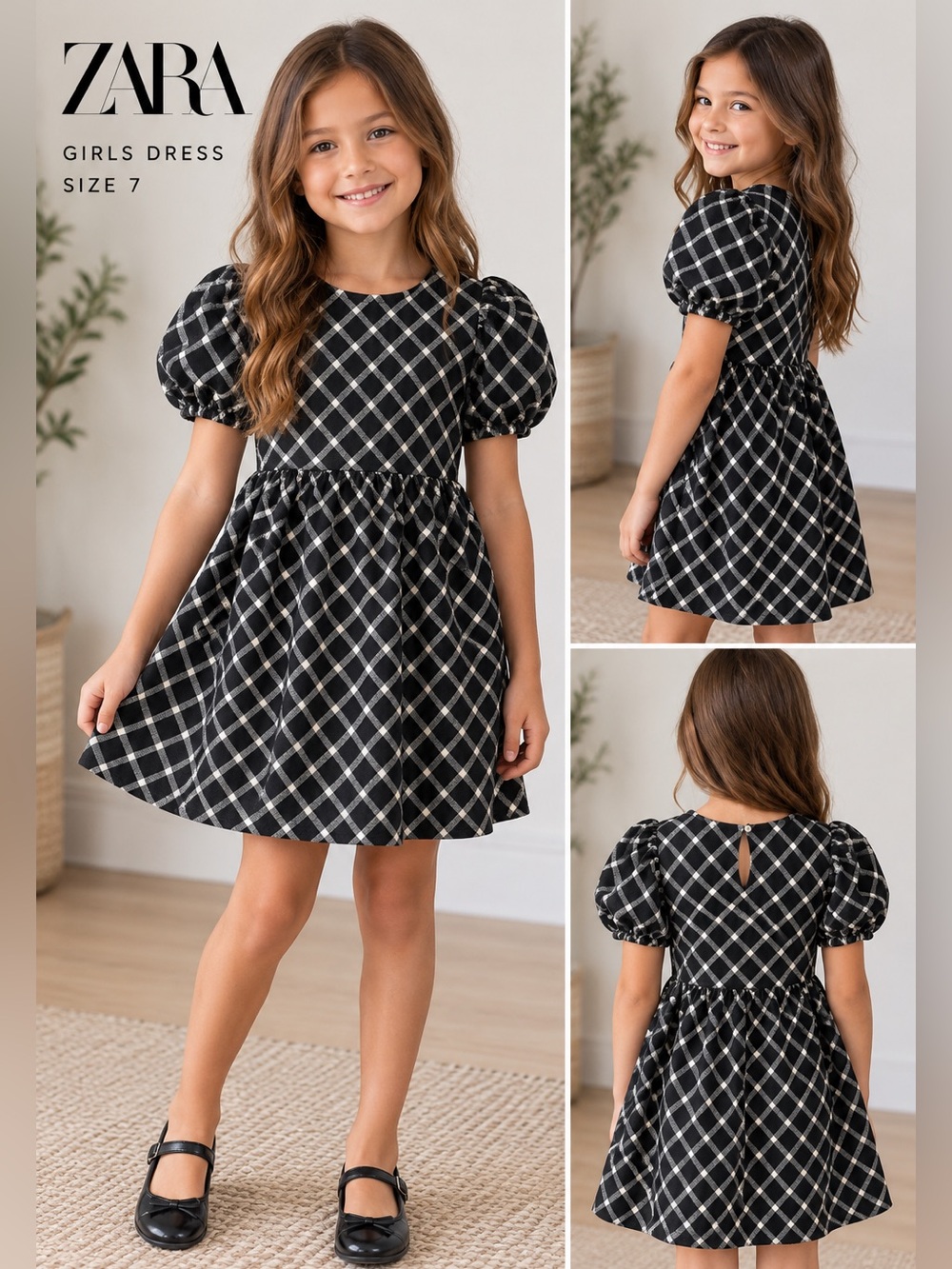 Zara Girls Plaid Puff Sleeve Dress Black Size 7